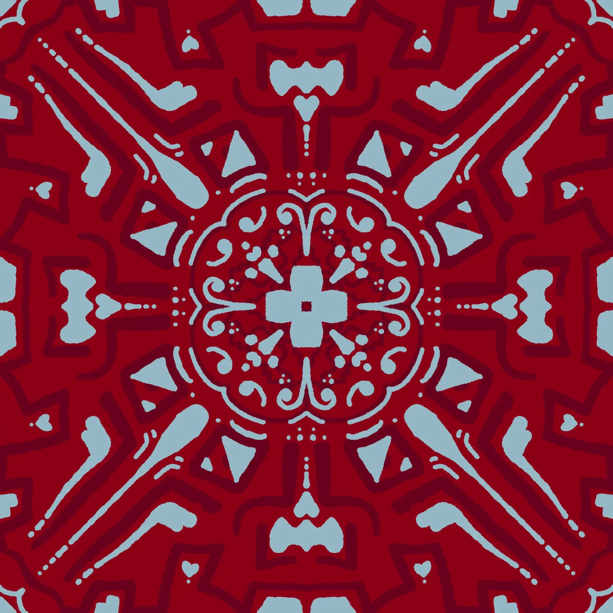 Red background with ice blue symmetrical pattern.