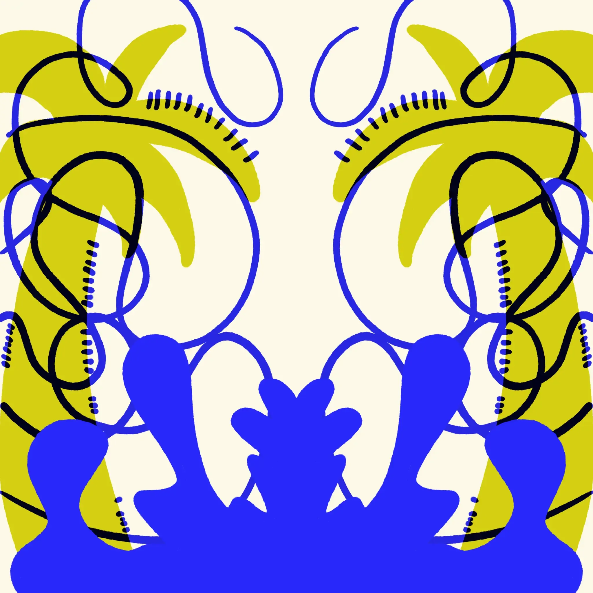Yellow palm trees with lines and organic shape overlays in blue.
