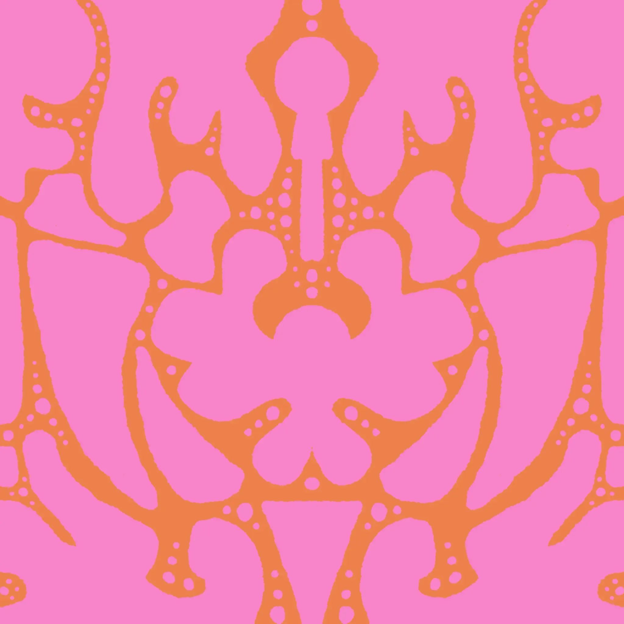 A pattern of organic shapes in bright pink over an orange background.