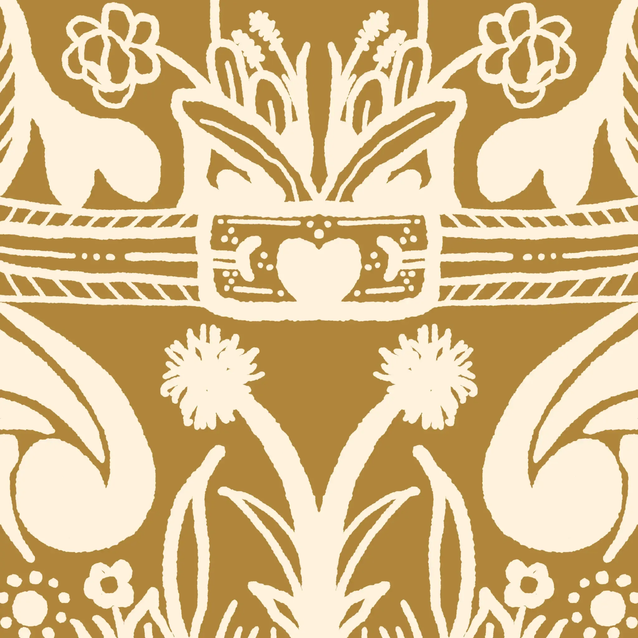Terracotta background with creamy white floral design.