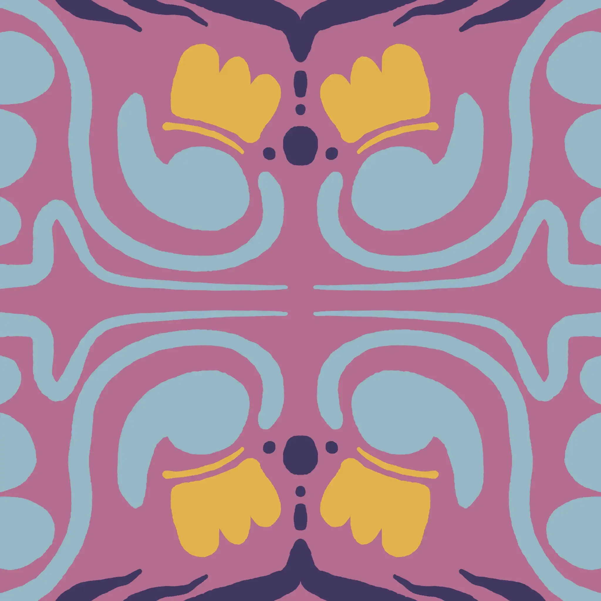 Blue symmetrical pattern on a pink background. A slight purple line pattern creeps in from the top and bottom with yellow crown shapes.